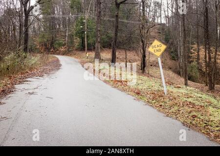 Eine Sackgasse Zeichen gebogen in einem Winkel auf der Seite eines leeren Landstraße durch den Wald laufen. Stockfoto