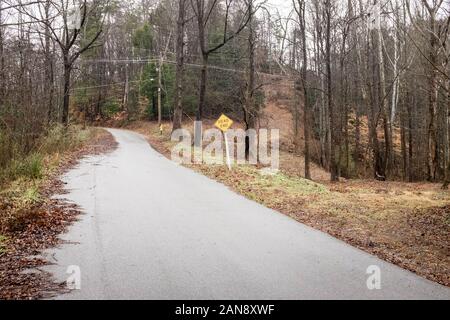 Eine leere Landstraße mit einer Sackgasse Zeichen gebogen in einem Winkel an einem düsteren Tag, im Wald. Stockfoto