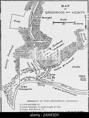 Der Krieg der Rebellion: Eine Zusammenstellung der offiziellen Aufzeichnungen der Union und der Konföderierten Armee. Innerhalb von etwa 1.100 Yards der Festung wurde von einem Gewehr 32 pounder eröffnet und mehrere kleinere Stücke. One Shot Wirkung in der Nähe der rechten Ecke der quadratischen Turm, Verbiegen und Verbeulen der plateupon dem es in Kraft trat, ungefähr 4 Zoll von der Ebene seiner Originalposition, und klopfen die 9-Zoll Kiefer sichern in Fragmente. Am Nachmittag dieses Tages, sowohl die Chillicothe und De Kalb moveddown auf den Angriff, aber nicht näher als 900 oder 1.000 Yards näherte, ihre Schüsse hatte Pr Stockfoto