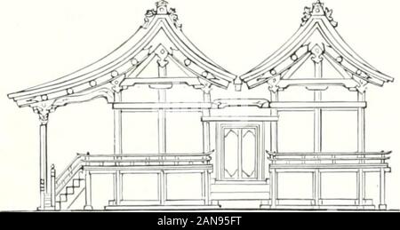 Die Architektur der Kultbauten Japans. 12 Nordtor3nn-c tP? Schlecht ICH HABE R5-mon-Ya (&Lt;oqami - | ^= ich Korridor | T KorridorTempel^-| | 4 J | i Tempelstr. d Lagoplan.. Seitenansicht. 1:300. • Vor-l dere | iKammerl. ir: Ir HintereI Kammer Abb. J47. Otoko-yama-Hachiman?. Tempel. Stockfoto