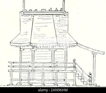 Die Architektur der Kultbauten Japans. ) Elschiff hat die Grundform eines regelmäßigen Acht-Ecks, das von einem erhrihten Umgange umgeben ist und andas sich vorn, durch zahlr dasduicli verbumlen Treppenstufen, ein Pulldach üljerdecktc K (jliai anlegt. Das Holzwerk 225. Stockfoto