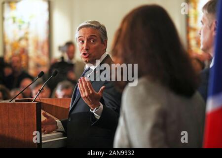 Francois-Philippe Champagner, kanadischen Minister für Auswärtige Angelegenheiten, bei der Konferenz der Internationalen Koordinierung und Response Group für die Familien der Opfer der Ukraine International Airlines, die im Iran abgestürzt, an die Hohe Kommission von Kanada in London. Stockfoto