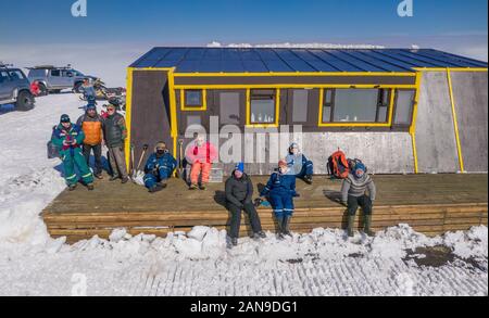 Glaziologischen Gesellschaft Frühjahr Expedition, grimsvötn Hütte, Eiskappe des Vatnajökull, Island Stockfoto