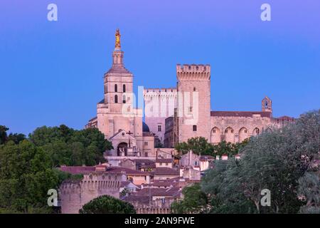 Palast der Päpste, einmal die Festung und Palace, einem der größten und wichtigsten mittelalterlichen gotischen Gebäude in Europa, bei Sonnenuntergang, Avignon, Frankreich Stockfoto