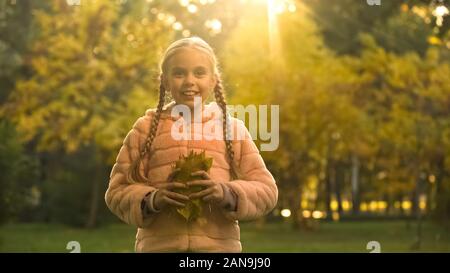 Fröhliches Mädchen mit gelben Blätter an Kamera suchen, kindisch Stimmung, Herbst Park Stockfoto