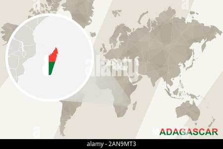 Zoom auf Madagaskar Karte und Flagge. Weltkarte. Stock Vektor