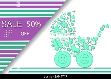 Vector Illustration Baby-Kinderwagen, Babyartikel. Verkaufsvorlage jetzt kaufen Hintergrund Großverkauf Angebot Preissenkung Werbung Einkauf Discoun Stock Vektor
