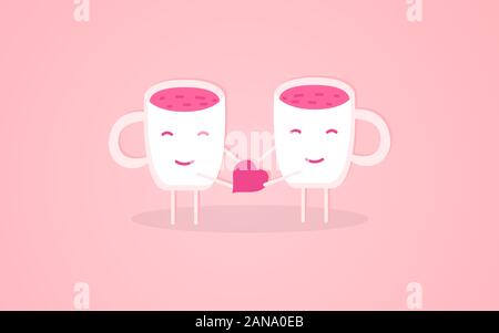 Eine Tasse gibt ein Herz in eine andere Schale, doodle Zeichen in Liebe vector Abbildung auf einem rosa Hintergrund Stock Vektor