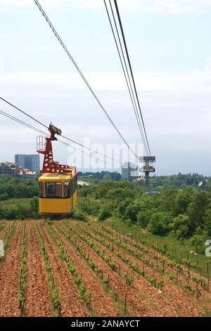 Luftseilbahn über grüne Gärten. Seilbahnkabine über dem Feld. Stockfoto