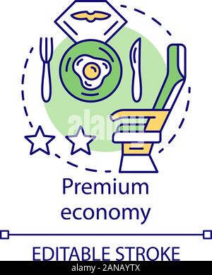 Premium Economy Konzept Symbol. Flugreisen klasse Idee, dünne Linie Abbildung. Flug Menü, Frühstück. Beifahrersitz. Transport zum Reisen. Vecto Stock Vektor