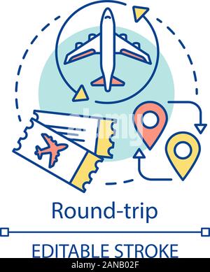 Round-trip-Konzept Symbol. Rückfahrkarte Idee dünne Linie Abbildung. Anreise mit dem Flugzeug, Flugzeug Reise. Flugzeuge Flugroute, weg. Airline übertragen. Stock Vektor