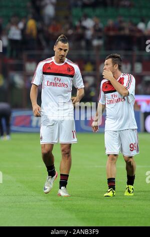 Mailand, Italien, 09. September 2011,'' San Siro Stadion, schweren Fußball-Meisterschaft ein 2011/2012, AC Mailand - SS Lazio: Zlatan Ibrahimovic und Antonio Cassano vor dem Spiel. Stockfoto