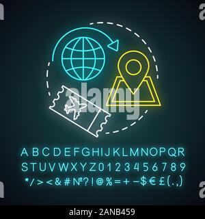 Eine Art Reise Neonlicht Symbol. Reise, Urlaub, Tourismus. Einzelfahrschein. Ausgangspunkt und Zielpunkt. Bordkarte. Leuchtende Zeichen mit Alphabet, num Stock Vektor