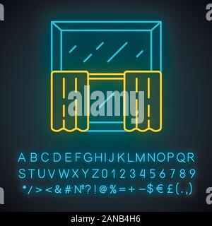 Kaffeevorhänge Neonlicht Symbol. Tiers hängen an Cafe Gardinenstangen. Fensterdekoration, Bodenbeläge. Leuchtende Zeichen mit Alphabet, Zahlen und Symbolen. Vect Stock Vektor