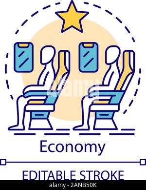 Economy class Konzept Symbol. Flugzeugkabine Idee dünne Linie Abbildung. Passagiere im Flugzeug Salon sitzen. Low cost Flug in der Economy Class. Vektor ist Stock Vektor