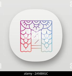 App-Symbol für Spitzenvorhänge. Inneneinrichtung des Hauses. Home Window Behandlungen. Klassische Vorhänge mit Blumenmuster, Jalousien, Vorhänge. UI/UX-Benutzeroberfläche. Web- oder mobiler ap Stock Vektor
