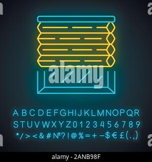 Zelluläre Schattierungen Neonlicht Symbol. Jalousien. Zimmer abdunkeln Jalousie. Büro, Küche, Schlafzimmer Innenausstattung. Leuchtende Zeichen mit Alphabet, num Stock Vektor