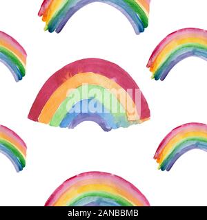 Niedliche Regenbögen im Cartoon-Stil, nahtlose Aquarellmuster. Zarte Pastelltöne, einfache Formen. Stockfoto