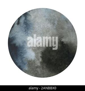 Big aquarell Mond Abbildung. Symbol für Neuanfang, Träumen, Romantik, Fantasie, Magie. Schwarz, Grau Farben, Kreis, vollständige Ansicht. Hand waterc gezeichnet Stockfoto