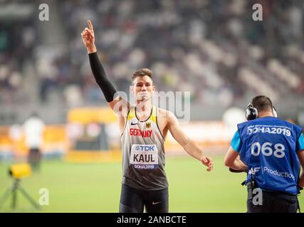 Jubel Sieger Niklas Kaul (Deutschland/Platz 1) Speerwerfen Zehnkampf der Männer am 03.10.2019 Leichtathletik WM 2019 in Doha/Katar, vom 27.09. - 10.10.2019. Â | Verwendung weltweit Stockfoto