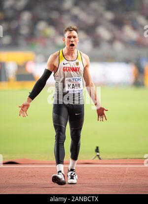 Jubel Sieger Niklas Kaul (Deutschland/Platz 1) Speerwerfen Zehnkampf der Männer am 03.10.2019 Leichtathletik WM 2019 in Doha/Katar, vom 27.09. - 10.10.2019. Â | Verwendung weltweit Stockfoto