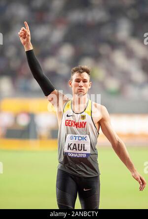 Jubel Sieger Niklas Kaul (Deutschland/Platz 1) Speerwerfen Zehnkampf der Männer am 03.10.2019 Leichtathletik WM 2019 in Doha/Katar, vom 27.09. - 10.10.2019. Â | Verwendung weltweit Stockfoto