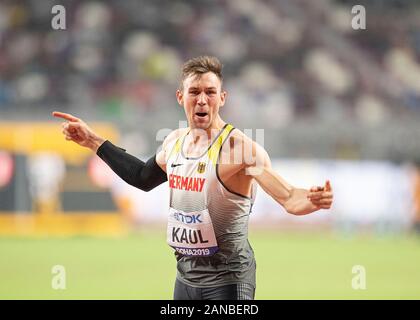 Jubel Sieger Niklas Kaul (Deutschland/Platz 1) Speerwerfen Zehnkampf der Männer am 03.10.2019 Leichtathletik WM 2019 in Doha/Katar, vom 27.09. - 10.10.2019. Â | Verwendung weltweit Stockfoto