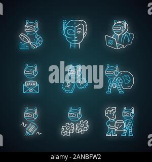 Internet bots Neon Licht Symbole gesetzt. Hacker, Stimme, Spam, Imitator, Überwachung, Arbeit, Schaber Roboter. Künstliche Intelligenz. Cyborgs, bösartigen b Stock Vektor