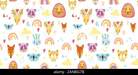 Nahtlose Muster mit Tier, Regenbogen, Wolken und Sterne in Pastellfarben Stock Vektor