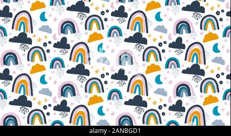 Nahtlose Muster mit Regenbogen, Wolken und Sterne in Pastellfarben. Stock Vektor