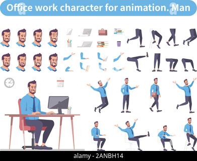 Geschäftsmann Vorderansicht animierte Flachbild vektor Character Design. Büroangestellter Charakter Animation erstellen Cartoon. Manager Konstruktor mit verschiedenen Stock Vektor