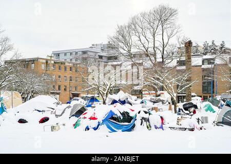 Obdachlose Camp im Winter, Oppenheimer Park, DTES, Vancouver, British Columbia, Kanada Stockfoto