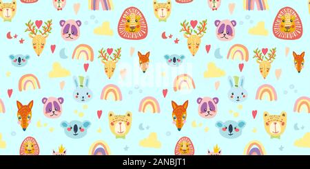 Nahtlose Muster mit Tier, Regenbogen, Wolken und Sterne in Pastellfarben Stock Vektor
