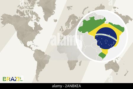 Zoom auf Brasilien Karte und Flagge. Weltkarte. Stock Vektor