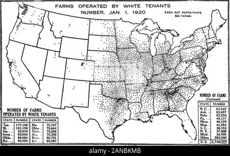 Eine grafische Übersicht der amerikanischen Landwirtschaft, die sich weitgehend auf die Volkszählung von 1920... . Abb. 114.- Die größte Anzahl der Betriebe durch weißen Besitzern betrieben wird unter theGermans der Southeastern Pennsylvania und östlichen Wisconsin gefunden, die Bergsteiger von West- ern Pennsylvania und den südlichen Appalachen, und die Pioniere im Westen. Thefewer Anzahl der Farm owner-Betreiber in der Prärie Teil des "Corn Belt", als com-mit der ursprünglich bewaldete Teil (siehe Abb. 7), ist bemerkenswert. Dies ist darauf zurückzuführen, inpart, zu den größeren, daher weniger, Farmen (siehe Abb. 102), und zum Teil auf die largerproporti Stockfoto