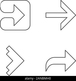 Pfeiltypen lineare Symbole gesetzt. Nach Vorne, Rechts, gekrümmte und geometrischen Pfeile. Pfeilspitze zeigt nach rechts. Pfeil Weiter. Thin Line Kontur Symbole. Isol Stock Vektor