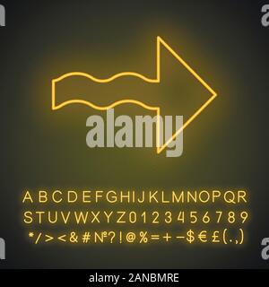 Welligen Pfeil Neonlicht Symbol. Richtung Zeiger. Angabe der Pfeilspitze. Hinweis Cursor. Marker, Indikator. Bewegung, weiter. Leuchtende Zeichen mit Alphabet, num Stock Vektor