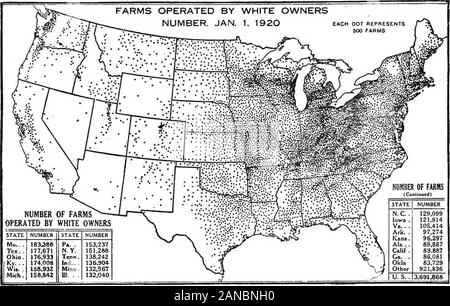 Eine grafische Übersicht der amerikanischen Landwirtschaft, die sich weitgehend auf die Volkszählung von 1920... . Schwein. 113.- Diese Karte zeigt den relativen Umfang des Mietverhältnisses aus der Sicht ofImproved Land. Die wichtigsten Gebiete in über 60 Prozent der verbesserten landoperated von Mietern sind die reichsten portiohs der Corn Belt und der Baumwolle Riemen (siehe Abbn. 22 und 24). Dies sind unsere ergiebigsten Bereiche (siehe Abb. 21), in dem die Bauern oder manyof Pflanzer können es sich leisten, in die Stadt zu ziehen und durch die Miete ihres Betriebe unterstützt werden. Der geringe Anteil der verbesserten Land von Mietern in den Hügeln neuen England betrieben, ich Stockfoto