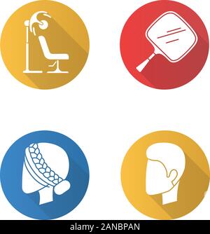 Hairdress flache Bauweise lange Schatten Glyphe Symbole gesetzt. Barbershop, Beauty Salon. Haare schneiden, Trocknen, Styling. Haartrockner, Spiegel, Mann und Stock Vektor