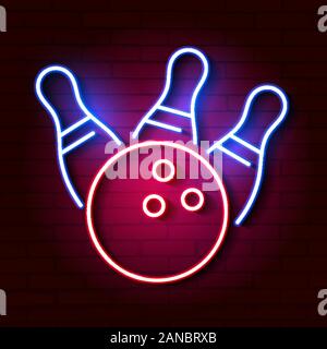 Bowling Ball und Kegeln Neonlicht. Vektor Stock Vektor