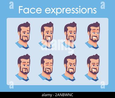 Bärtiger Mann Zeichentrickfigur Gesichter Vector eingestellt. Geschäftsmann mit verschiedenen Gesichtsausdrücke flachbild Illustrationen. Avatar, die verschiedene Gefühle, Stimmungen. Pers Stock Vektor