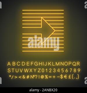 Pfeil auf gestreiften Hintergrund Neonlicht Symbol. Pfeilspitze zeigt nach rechts. Navigation Anzeige. Richtung bewegen. Leuchtende Zeichen mit Alphabet, Zahlen ein Stock Vektor