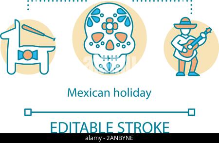 Mexikanische Feiertag Konzept Symbol. Pinata, Calavera und Musiker. Unterhaltung für Touristen. Traditionelle Feier Idee dünne Linie Abbildung. Vektor i Stock Vektor