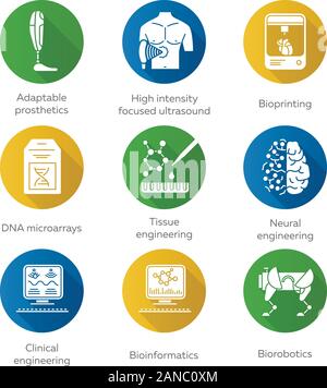 Bioengineering flache Bauweise lange Schatten Glyphe Symbole gesetzt. Biotechnologie für die menschliche Gesundheit, Komfort. Molekularbiologie, Biomedizin und molekularen engineeri Stock Vektor