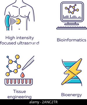 Biotechnologie farbige Symbole gesetzt. Bioengineering. Hochintensiver fokussierter Ultraschall, Bioinformatik, Tissue Engineering, Bioenergie. Technologien für Stud Stock Vektor
