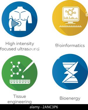 Biotechnologie flache Bauweise lange Schatten Glyphe Symbole gesetzt. Bioengineering. Hochintensiver fokussierter Ultraschall, Bioinformatik, Tissue Engineering, bioenerg Stock Vektor