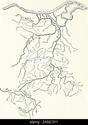 Den Rhein, das Tal und die Geschichte. , Während ein weiteres Tal, knownas die Wetterau, bietet einen Weg aus Giessen auf der Lahnto Frankfurt am Main, der nicht über 600 Meter Aufstieg, obwohl kein Fluss durch sie fließt. Die Täler von diesen fünf Flüsse, Rhein, Neckar, Main, Lahn und Mosel, zusammen mitden Wetterau, werden in eine Hochebene, deren highsurface relativ ausgesetzt ist und unfruchtbaren geätzt. Die shelteredbottoms auf der anderen Seite haben die fruchtbarsten soilsin Deutschland und sind dicht bevölkert. Der Kontrast wasalready in römischen Zeiten, wenn die etablierten AgriDecumate Stockfoto