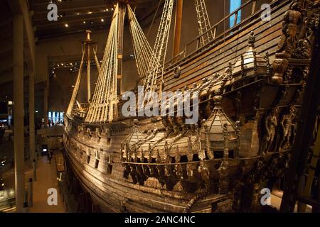 STOCKHOLM, Schweden - 06 Januar, 2018: Vasa Museum, das weltweit einzige, 17. Jahrhundert Holz- Schiff anzeigen. Schiff kenterte und sank in Stockholm 1628, es Stockfoto