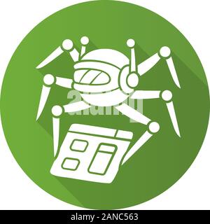 Crawler flache Bauweise lange Schatten glyph Icon. Spiderbot. Search Engine Optimization. Content Monitoring. Künstliche Intelligenz. Web Indexierung. Roboter so Stock Vektor