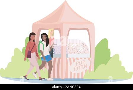 Fast food Markt mit Popcorn flachbild Vektor-illustration abgewürgt. Popcorn maschine Stand auf der Messe. Mädchen im Circus Messe, Jahrmarkt Zeichentrickfiguren. S Stock Vektor